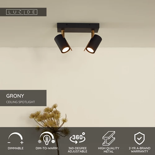 Lucide GRONY - Ceiling spotlight - LED Dim to warm - GU10 - 2x5W 2200K/3000K - Black - USP